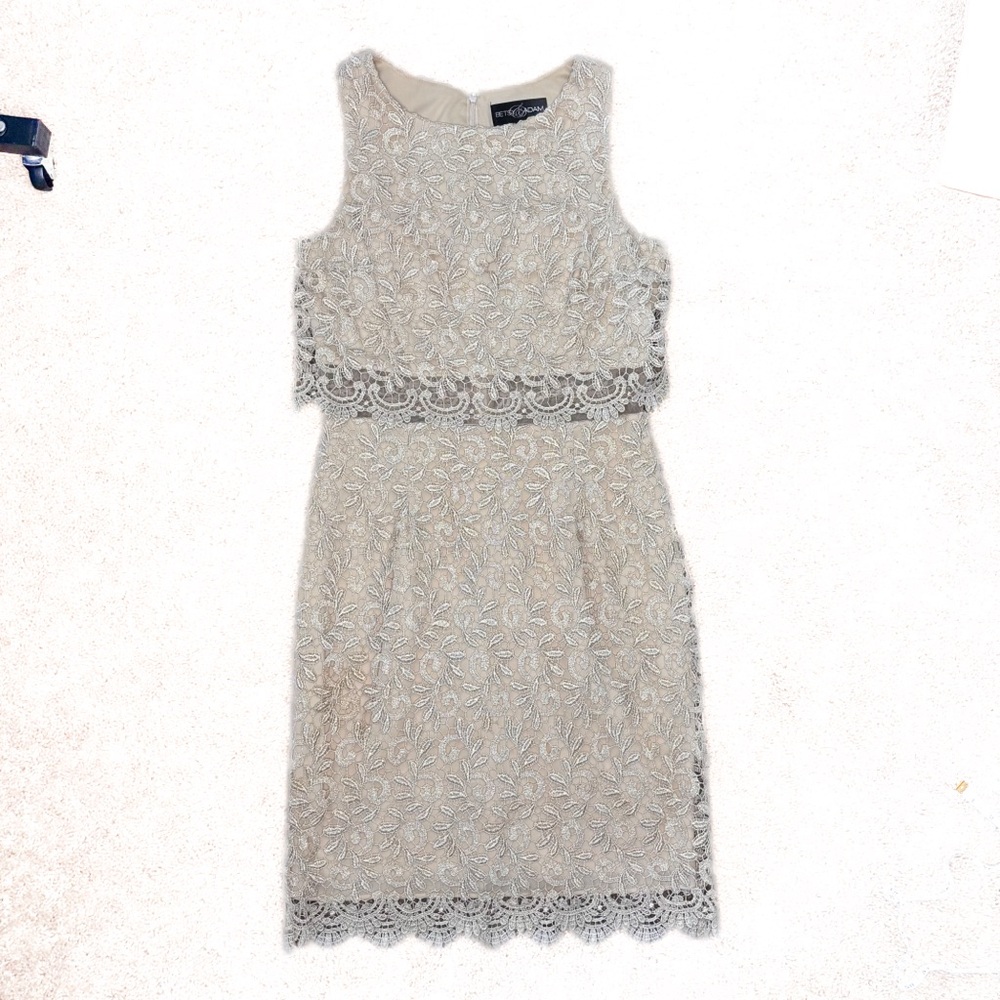Betsy & Adam Lace Dress in Cream and Gray